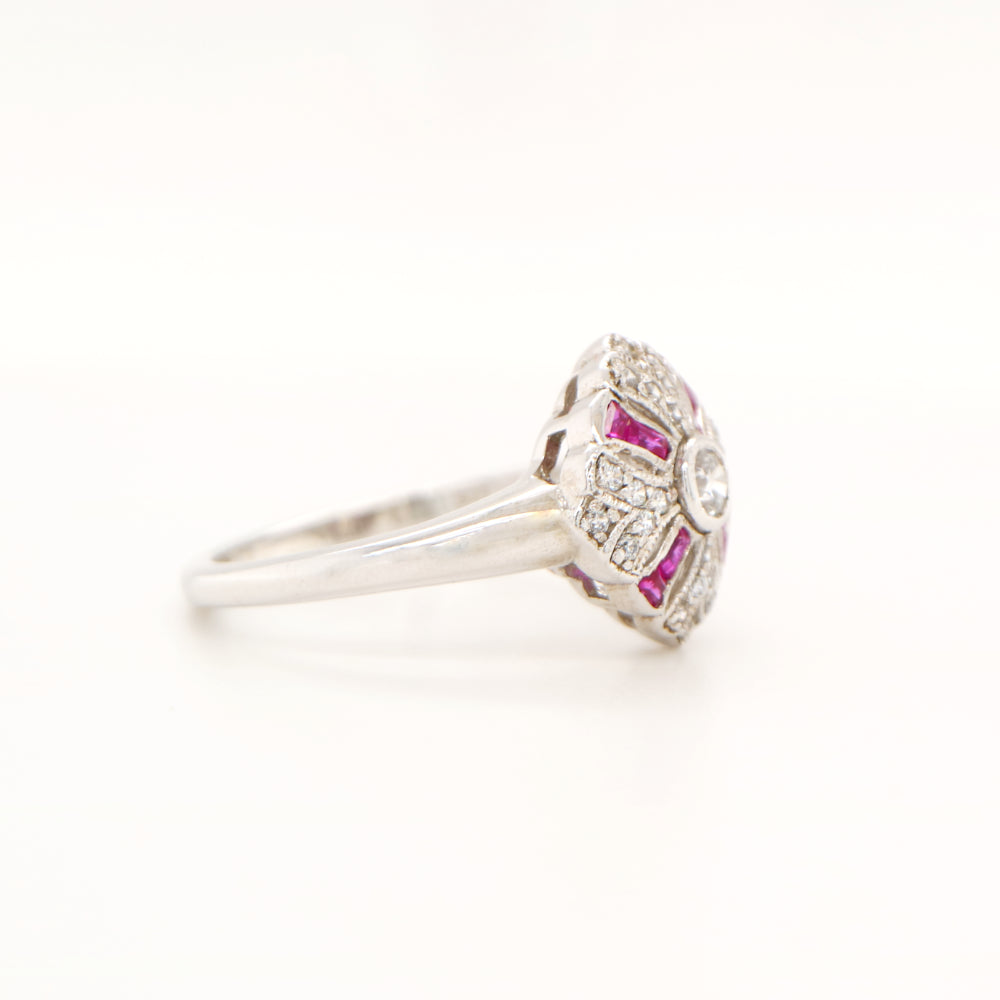 Art deco cross ring in white gold with ruby and diamond