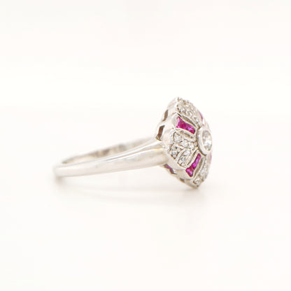 Art deco cross ring in white gold with ruby and diamond