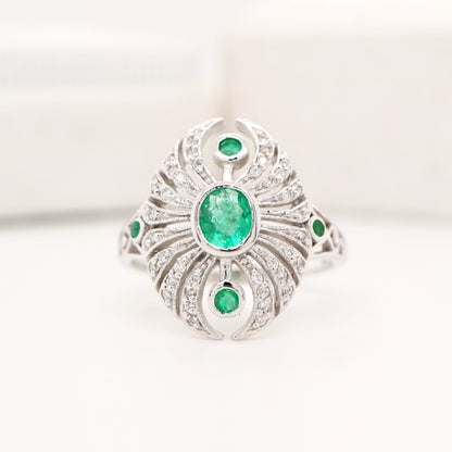 Scarab diamond and emerald ring in white gold