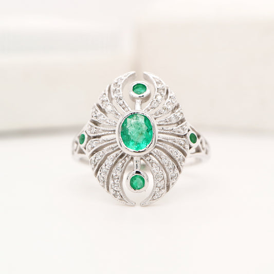Scarab diamond and emerald ring in white gold