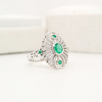 Scarab diamond and emerald ring in white gold