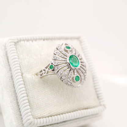 Scarab diamond and emerald ring in white gold