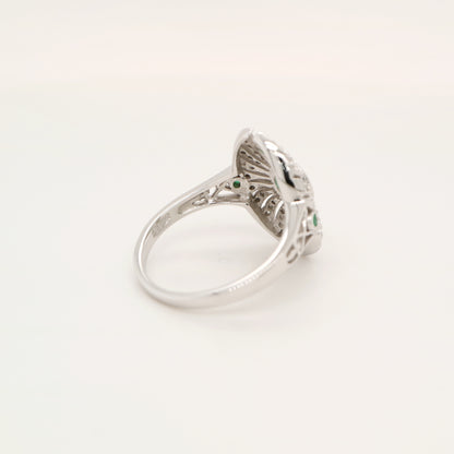Scarab diamond and emerald ring in white gold