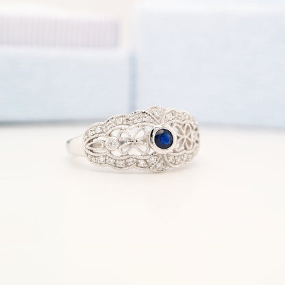 White gold lace art deco ring with sapphire and diamonds