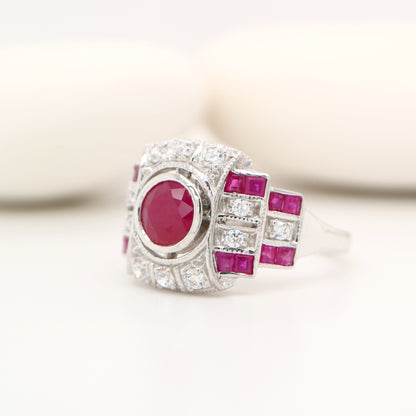 Art deco cocktail ring with ruby and diamond in 9k white gold