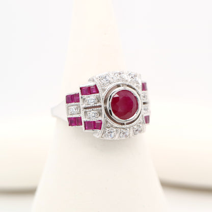 Art deco cocktail ring with ruby and diamond in 9k white gold