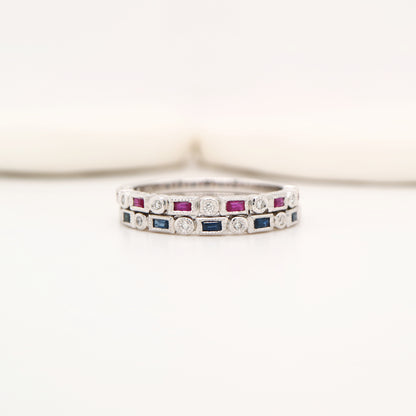 Art deco half set band in solid white gold with sapphires and diamonds
