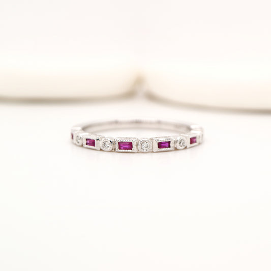 Art deco half set band in solid white gold with rubies and diamonds