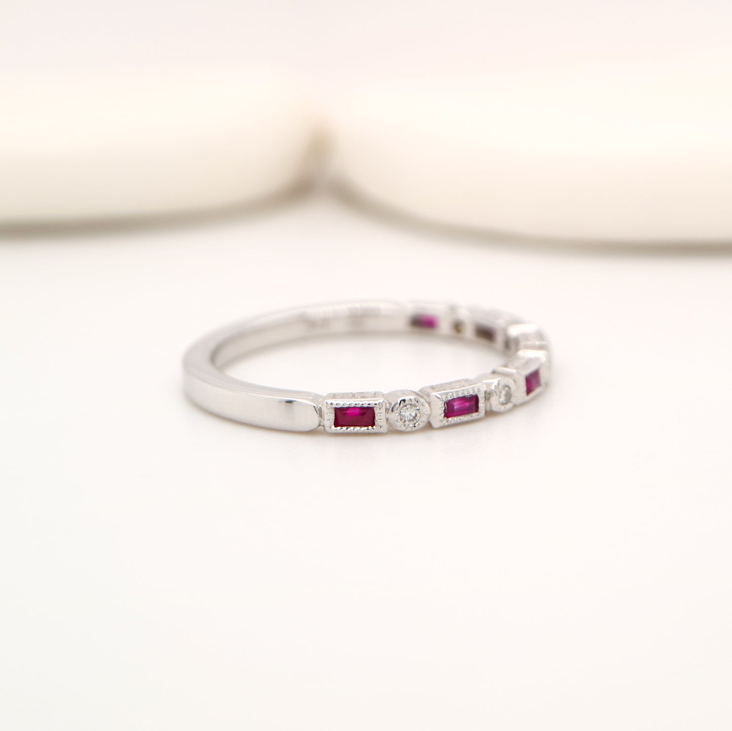Art deco half set band in solid white gold with rubies and diamonds
