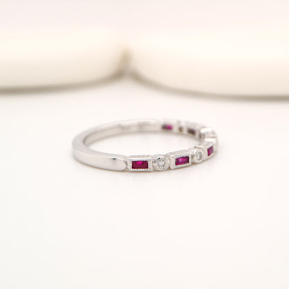 Art deco half set band in solid white gold with rubies and diamonds