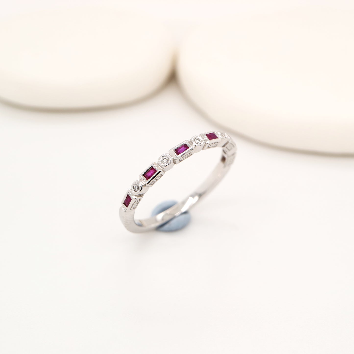 Art deco half set band in solid white gold with rubies and diamonds