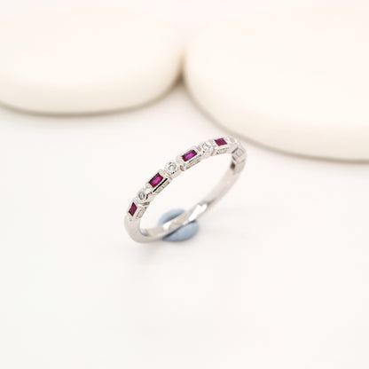 Art deco half set band in solid white gold with rubies and diamonds