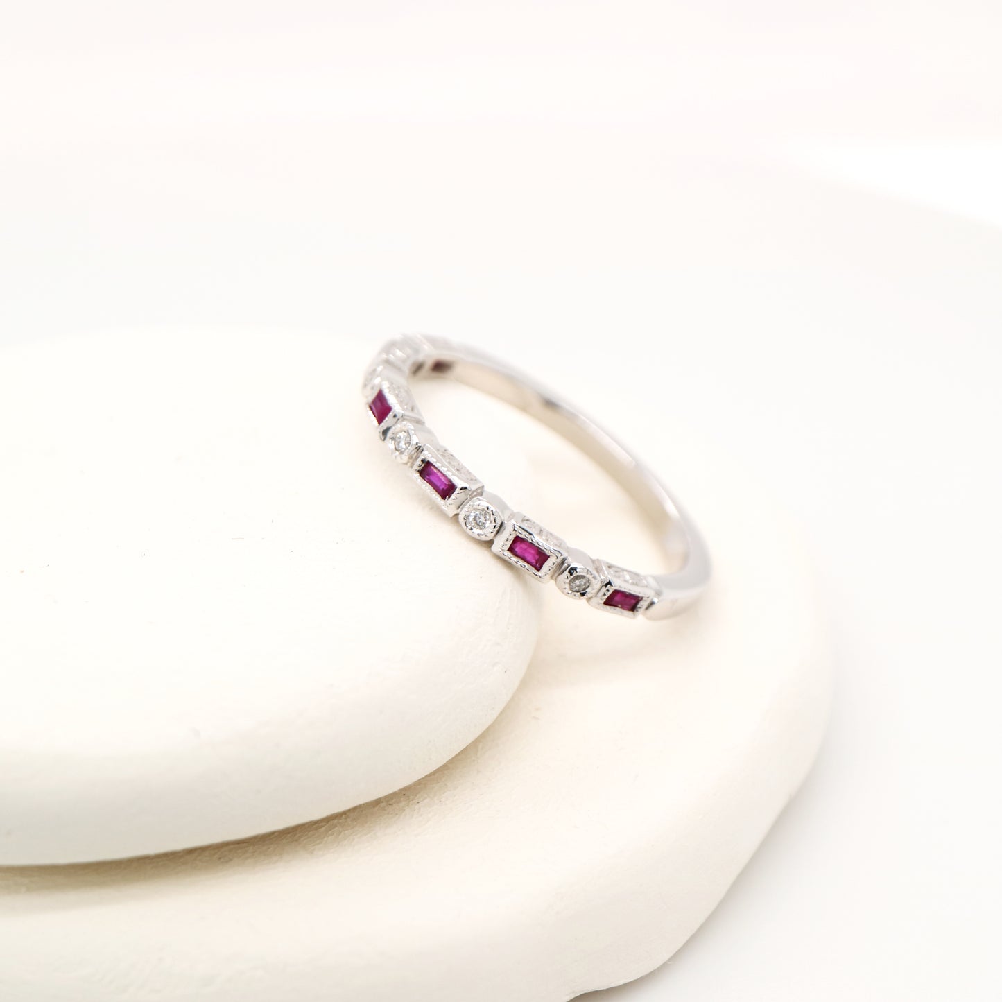 Art deco half set band in solid white gold with rubies and diamonds