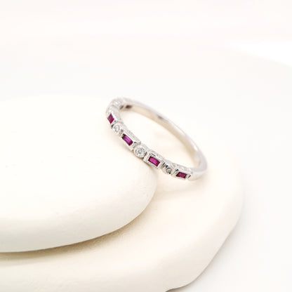 Art deco half set band in solid white gold with rubies and diamonds