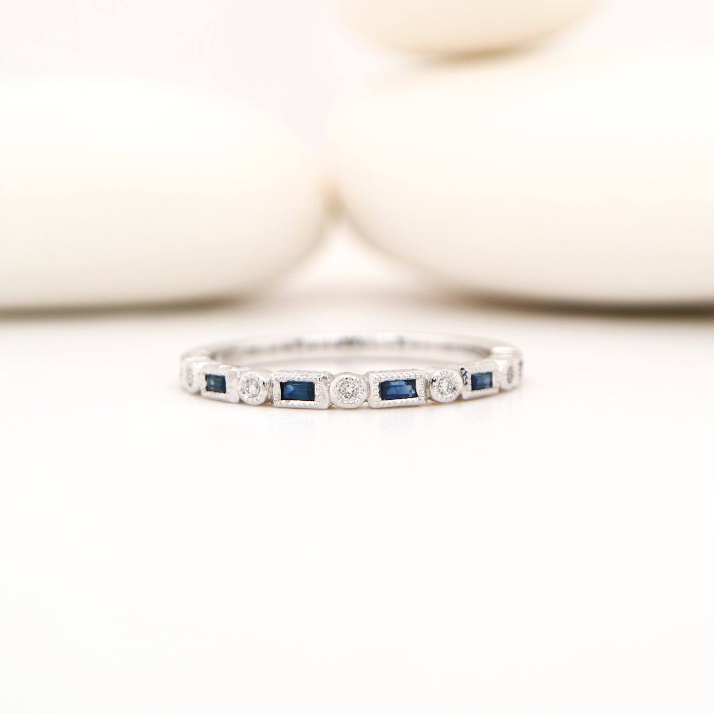 Art deco half set band in solid white gold with sapphires and diamonds