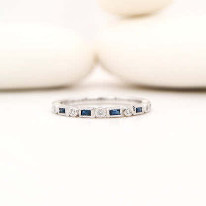 Art deco half set band in solid white gold with sapphires and diamonds