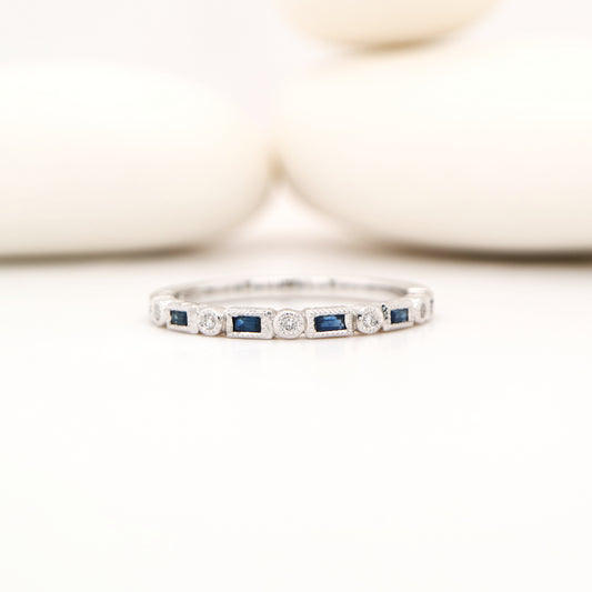 Art deco half set band in solid white gold with sapphires and diamonds