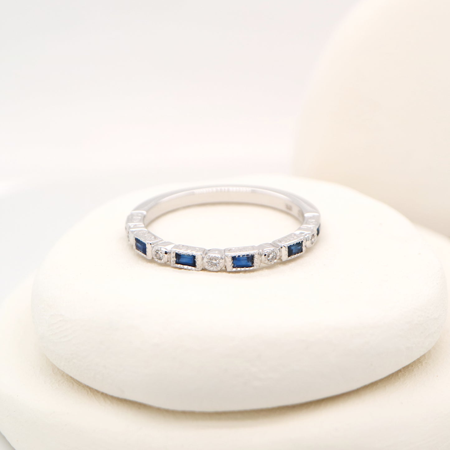 Art deco half set band in solid white gold with sapphires and diamonds