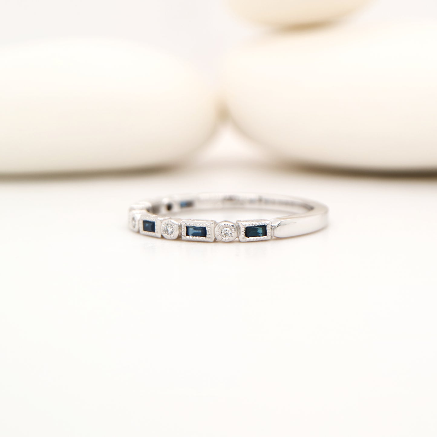 Art deco half set band in solid white gold with sapphires and diamonds
