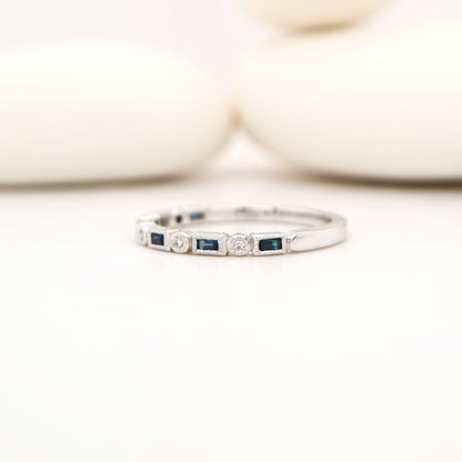 Art deco half set band in solid white gold with sapphires and diamonds