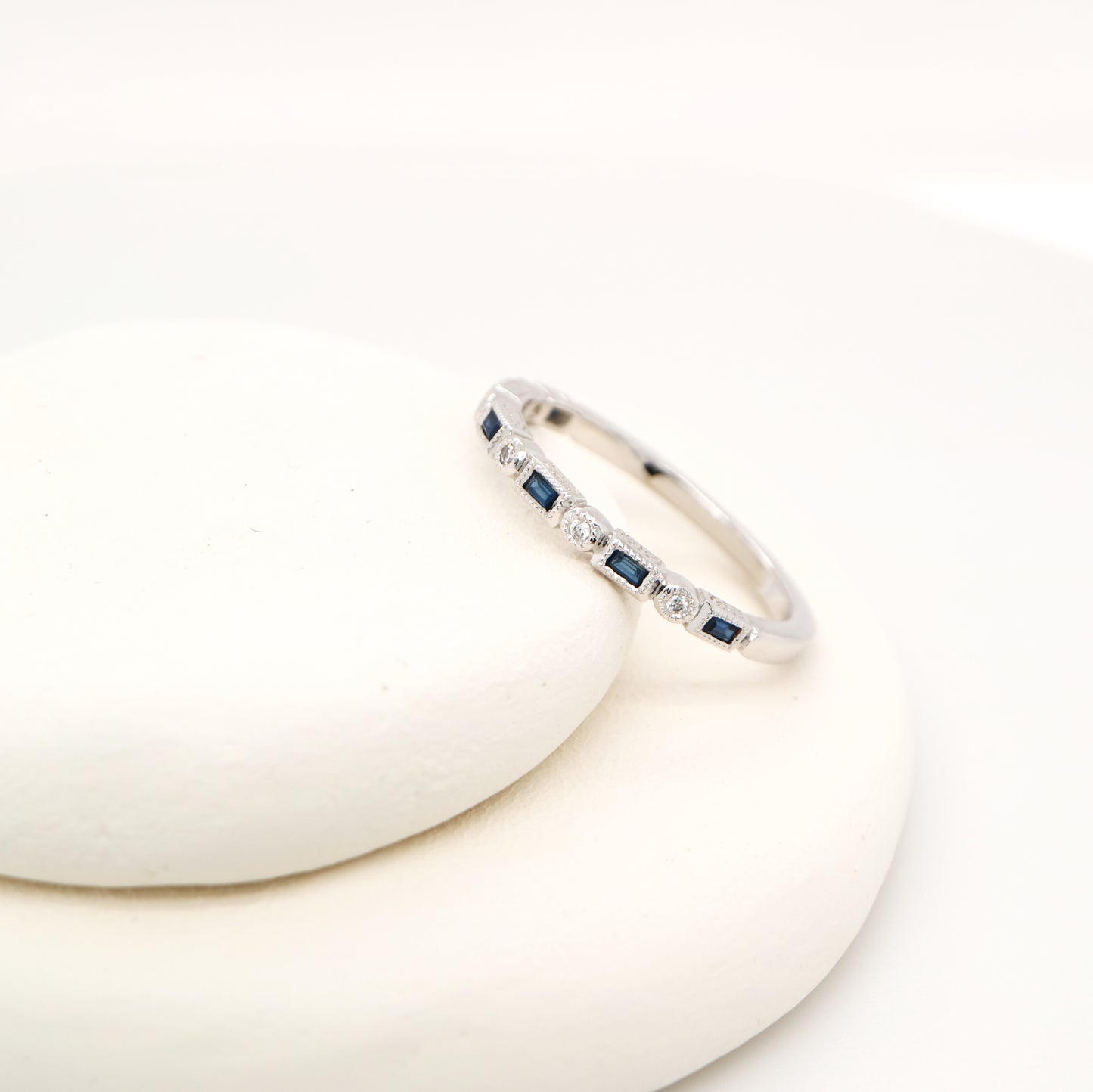 Art deco half set band in solid white gold with sapphires and diamonds