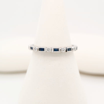 Art deco half set band in solid white gold with sapphires and diamonds