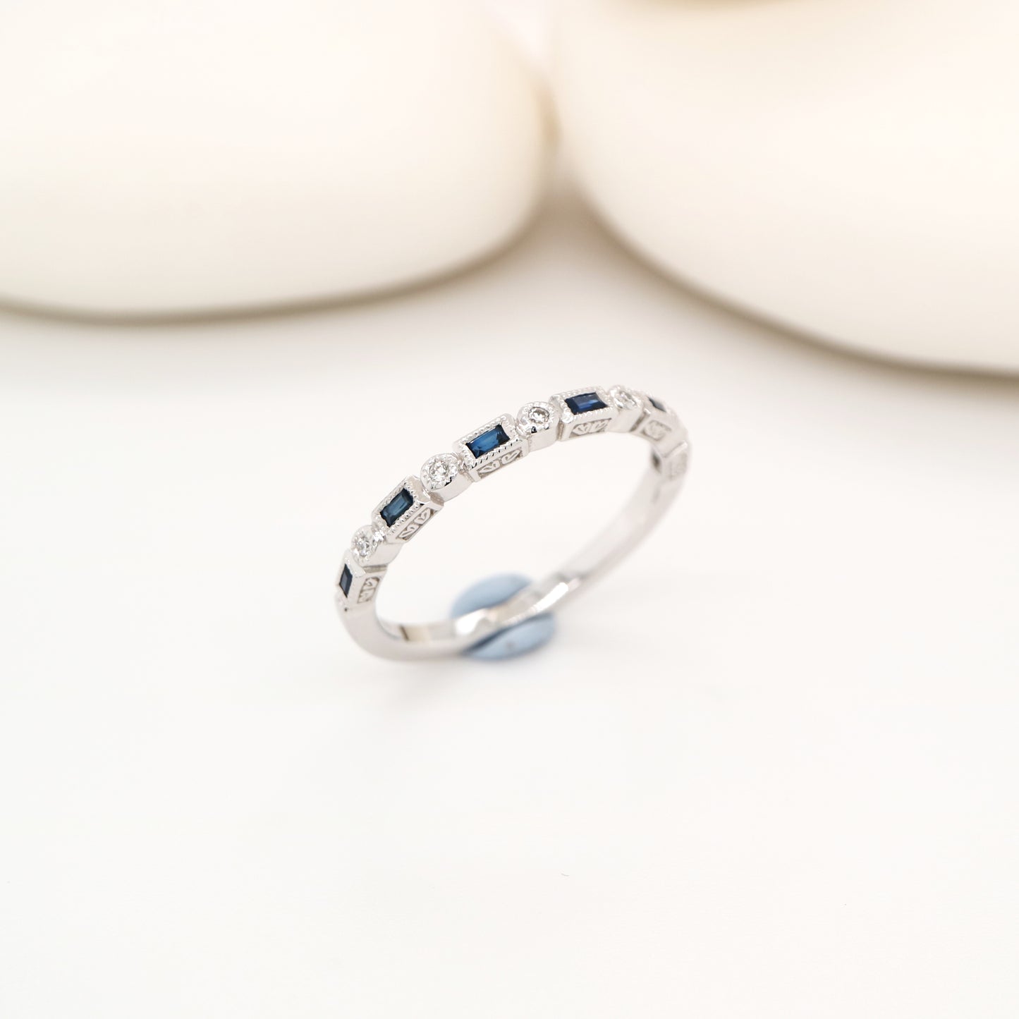 Art deco half set band in solid white gold with sapphires and diamonds