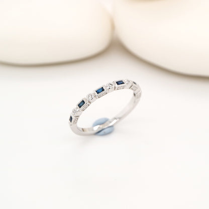 Art deco half set band in solid white gold with sapphires and diamonds