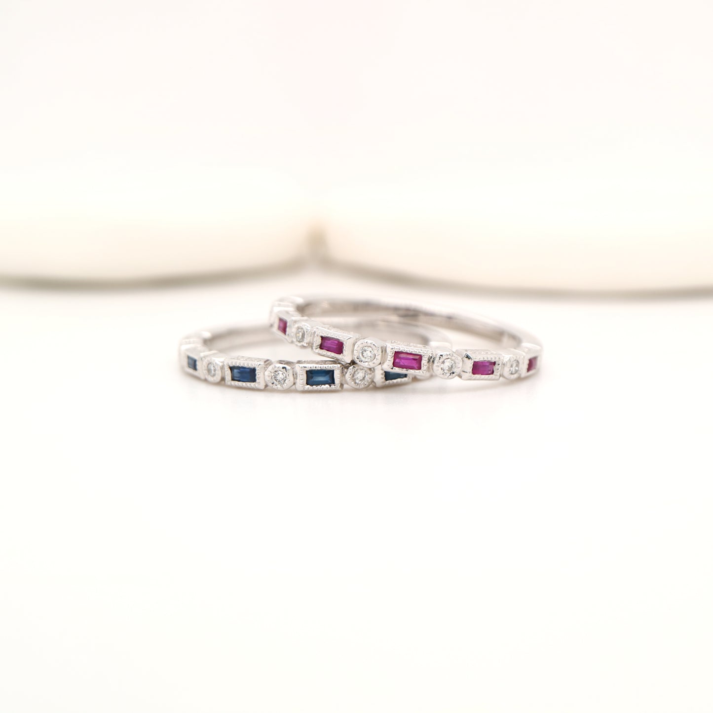 Art deco half set band in solid white gold with rubies and diamonds