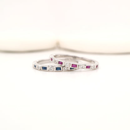 Art deco half set band in solid white gold with rubies and diamonds