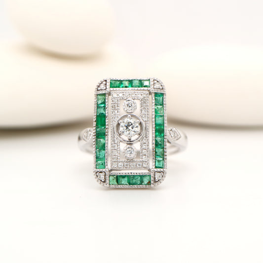 Art deco style channel set white gold ring - emerald
