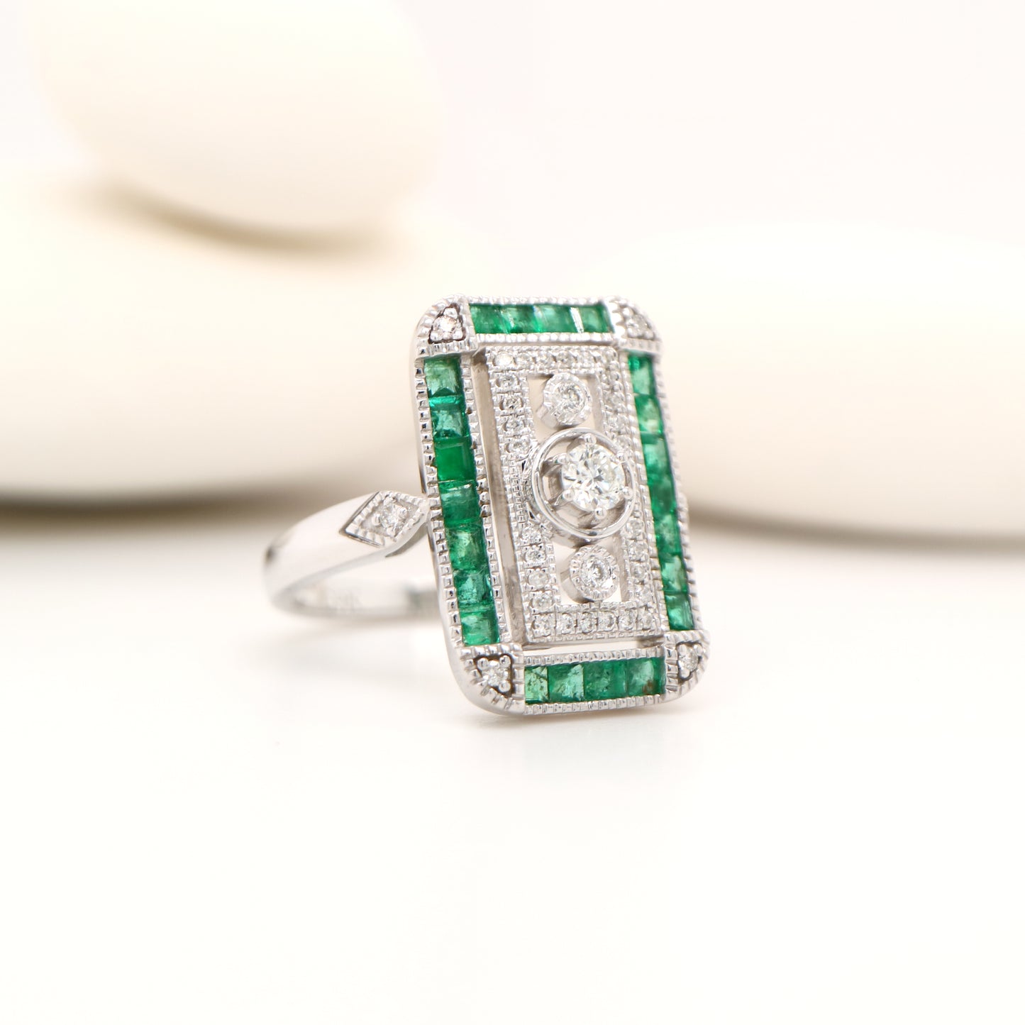 Art deco style channel set white gold ring - emerald