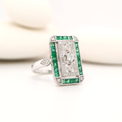 Art deco style channel set white gold ring - emerald