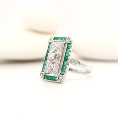 Art deco style channel set white gold ring - emerald