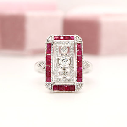 Art deco style channel set white gold ring - ruby