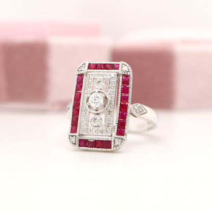 Art deco style channel set white gold ring - ruby
