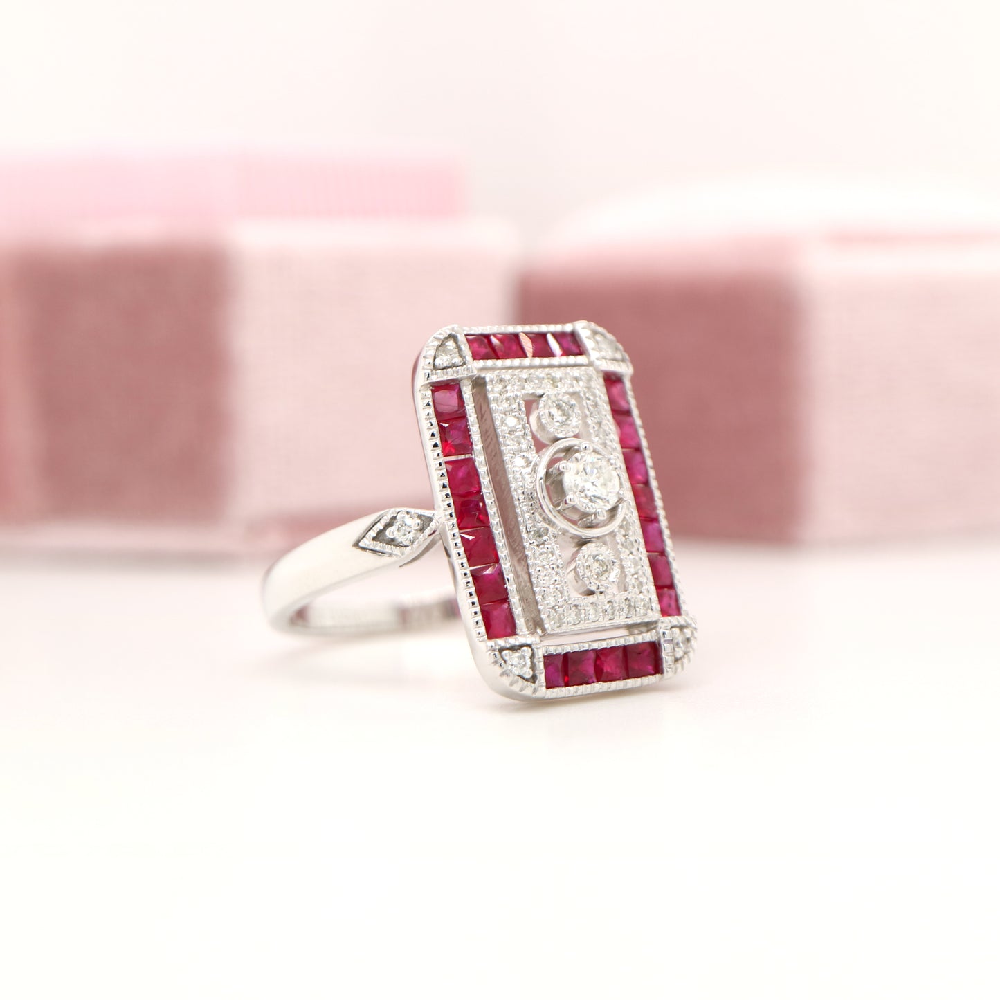 Art deco style channel set white gold ring - ruby