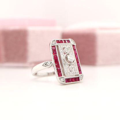 Art deco style channel set white gold ring - ruby