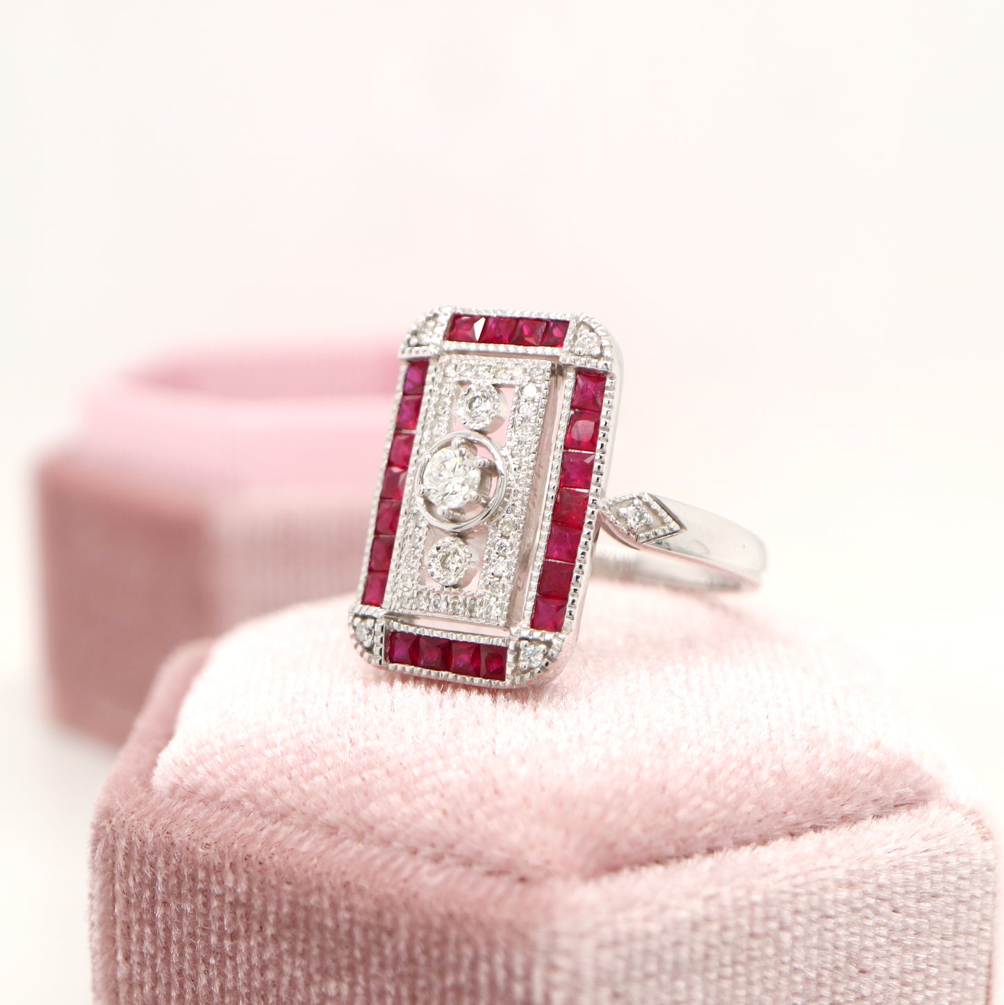 Art deco style channel set white gold ring - ruby