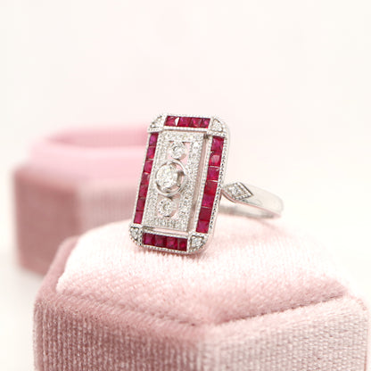 Art deco style channel set white gold ring - ruby