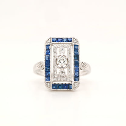Art deco style channel set white gold ring - sapphire