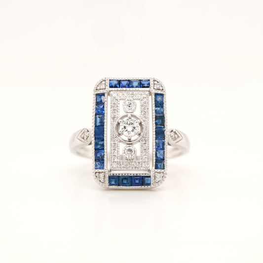 Art deco style channel set white gold ring - sapphire