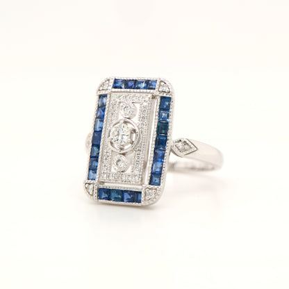 Art deco style channel set white gold ring - sapphire