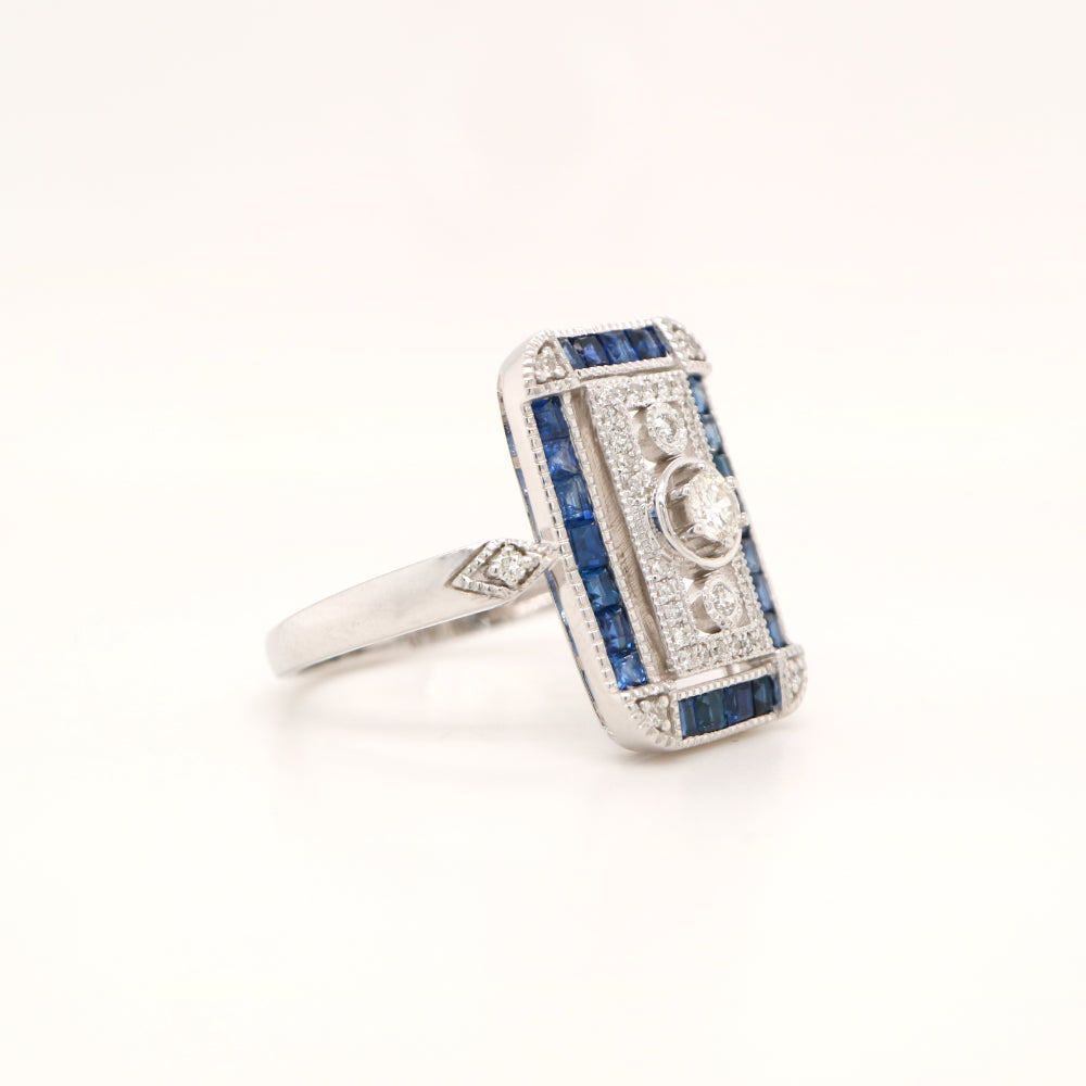 Art deco style channel set white gold ring - sapphire