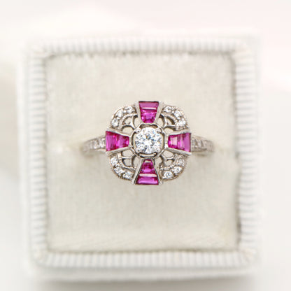 Art deco laboratory grown ruby cross ring in sterling silver and cz