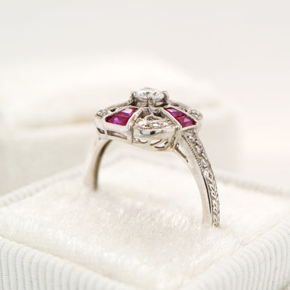 Art deco ruby cross ring in white gold with diamond