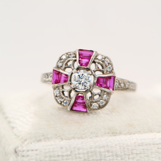 Art deco laboratory grown ruby cross ring in sterling silver and cz