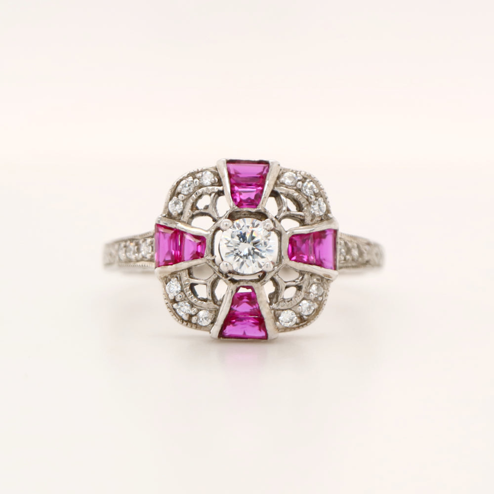 Art deco ruby cross ring in white gold with diamond