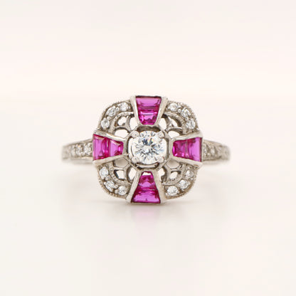 Art deco ruby cross ring in white gold with diamond