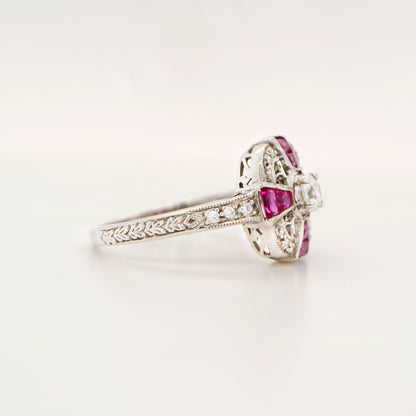 Art deco ruby cross ring in white gold with diamond